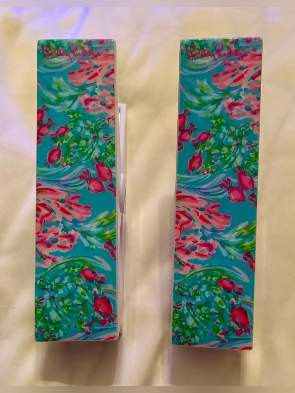 Lilly Pulitzer Pink Teal Floral Clear Beach Bag Set with Gold Trim - 5 pieces